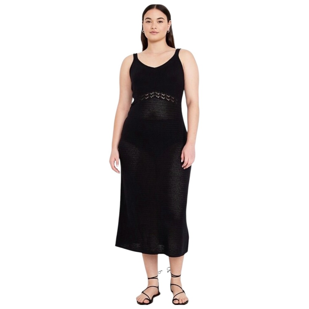 Old Navy Black Crochet Knit Midi Dress Semi Sheer Cotton Boho Beach Cover Up XL
